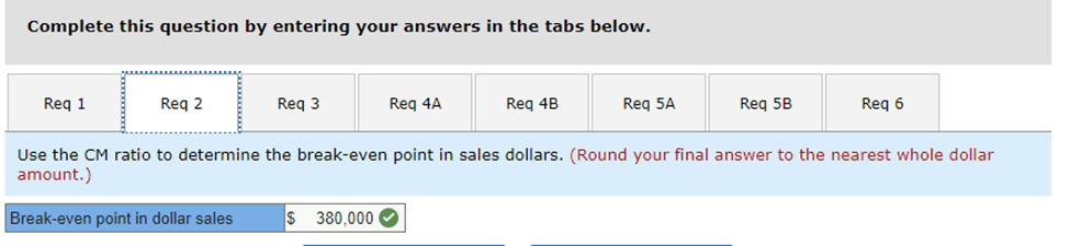 Correct answer to question 1 requirement 2 use the CM too determine the breakeven point sales