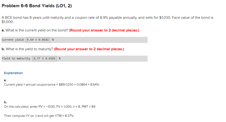 Correct answers to Problem 6-6 Bond Yields (LO1, 2) MOS3310 Midterm Exam