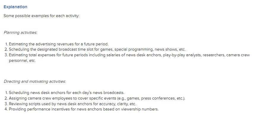 Answer to examples of activities managers at a television network such as TSN would likely engage in