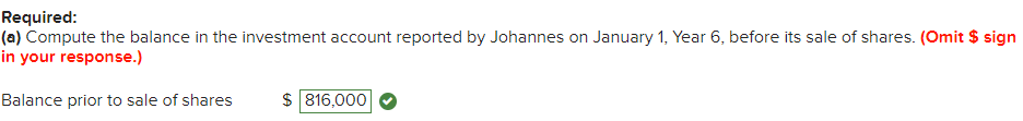 Correct answer to Compute the balance in the investment account reported by Johannes on January 1, Year 6, before its sale of shares.