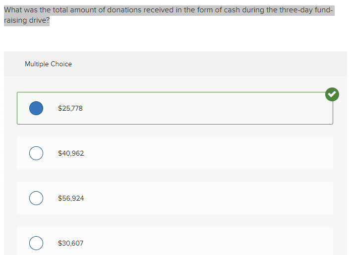 Correct Answer to What was the total amount of donations received in the form of cash during the three-day fund-raising drive?